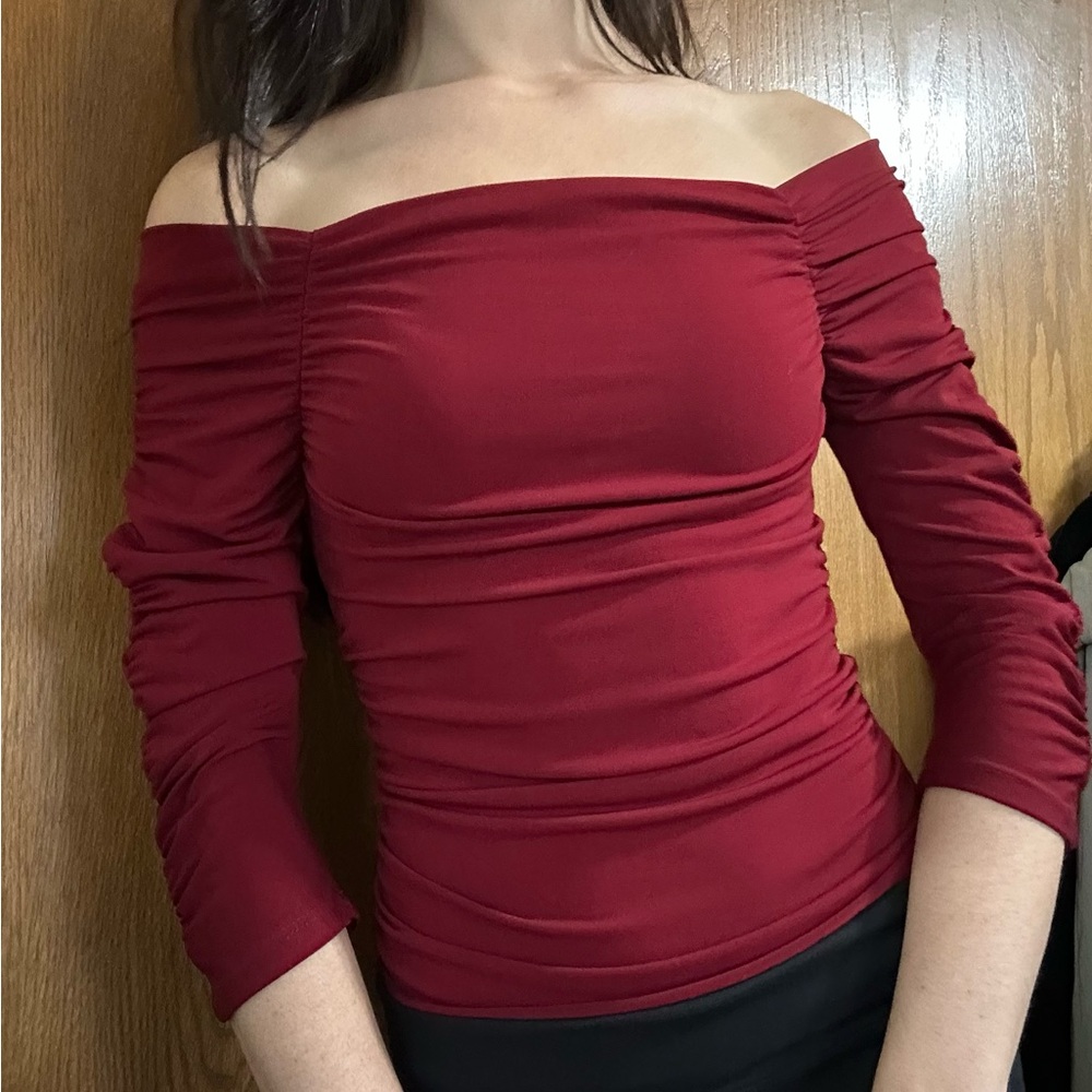 Vintage 90s USA made Dark Red Ruby Off-Shoulder Top